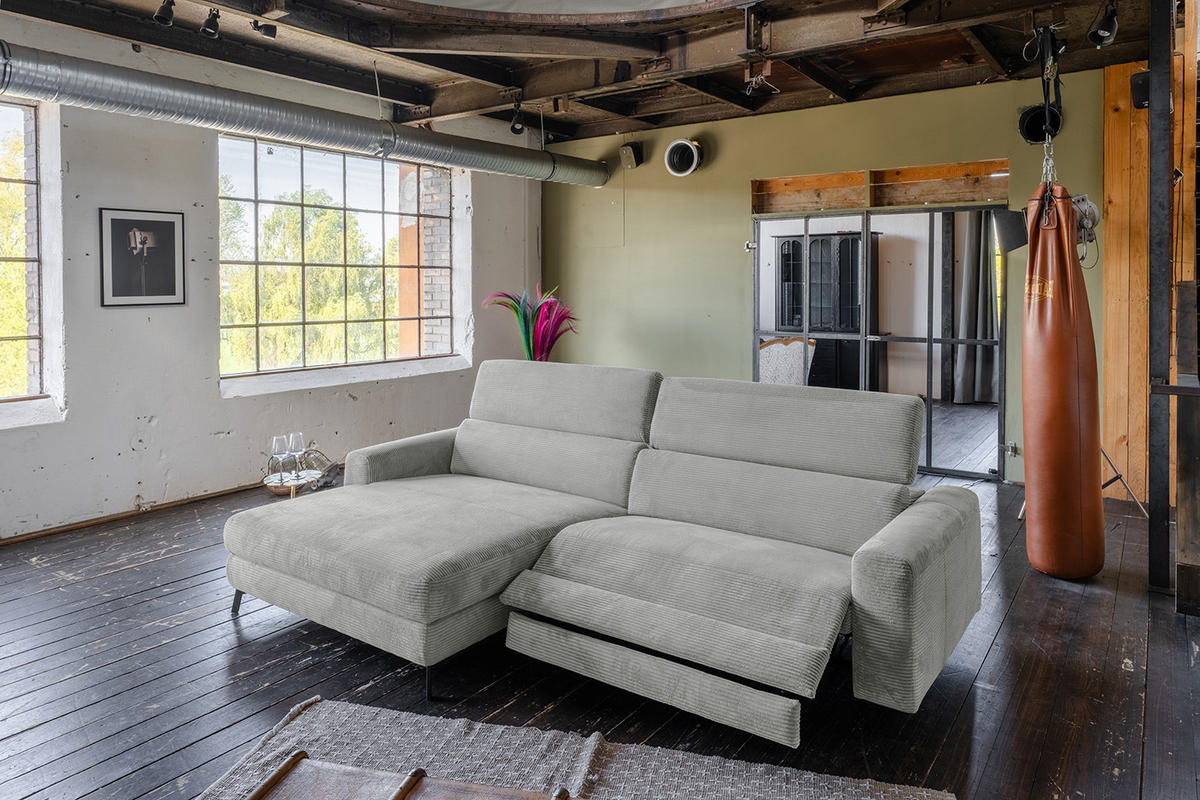 ECKSOFA LAISKA Hellgrau Cord Relaxfunktion - Hellgrau/Schwarz, Textil/Metall (282/177cm) - KAWOLA