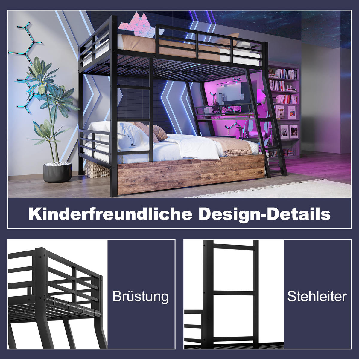 HOCHBETT 140/200 cm mit Schreibtisch, LED-Beleuchtung, 2 Schubladen und Treppe, Metallrahmen, Schwarz - Schwarz, Metall (140/200cm) - Redom