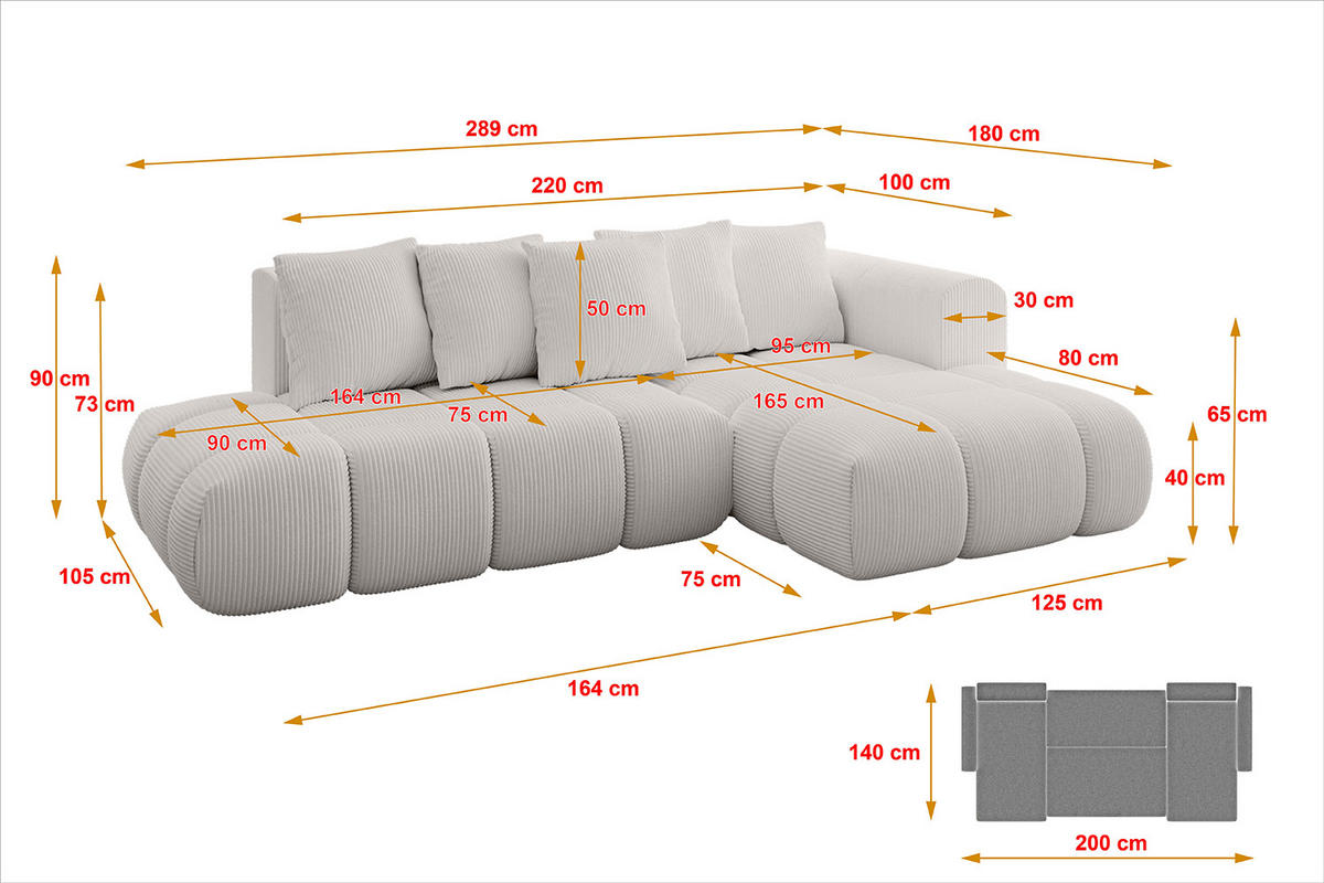 ECKSOFA Ottomane Rechts CLOUD-L-v1 289x180x40 Hellgrau Cord - Hellgrau, Holzwerkstoff/Kunststoff (289/180cm) - ALTDECOR