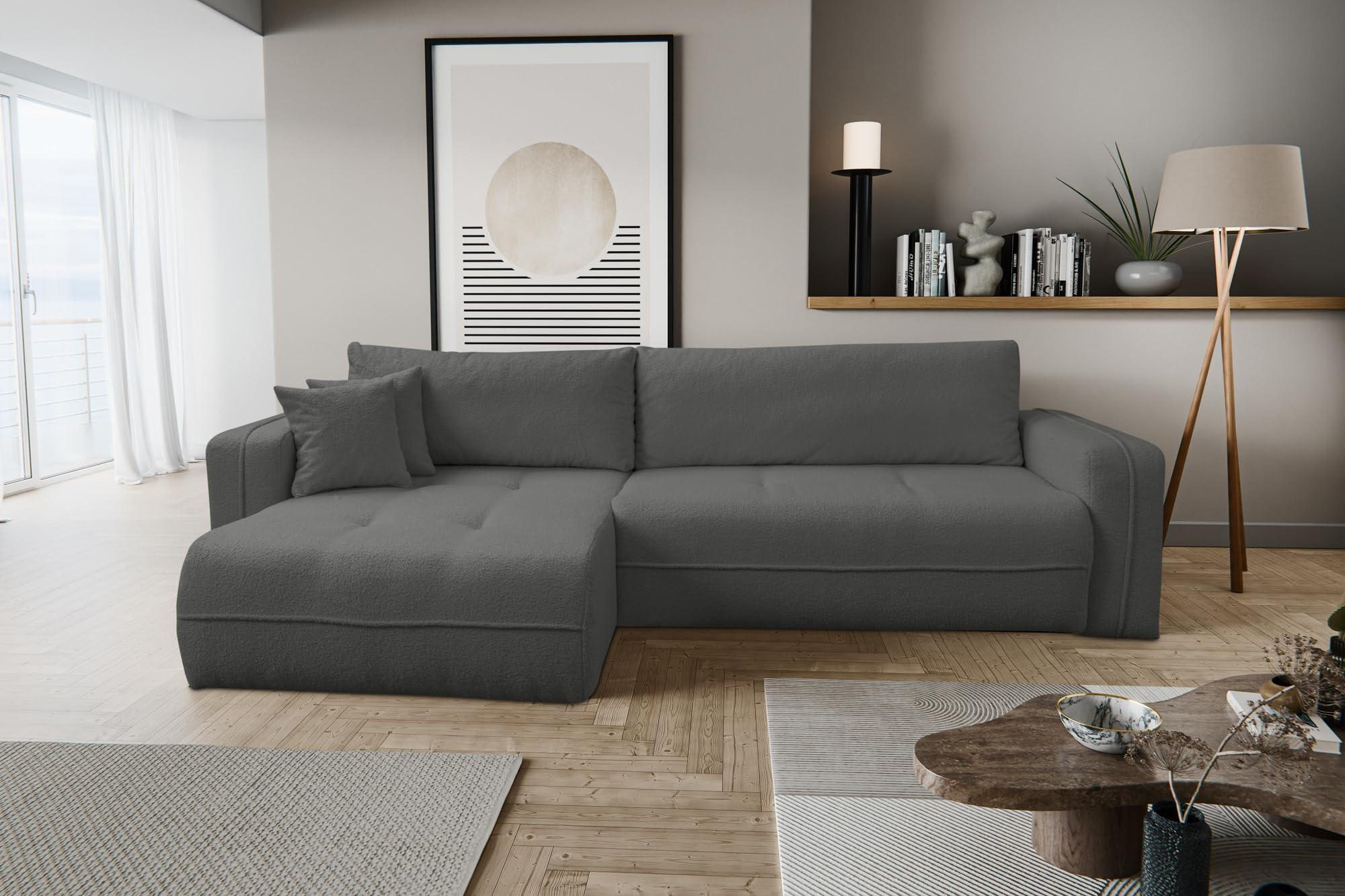 ECKSOFA CLOUD mit Schlaffunktion und Bettkasten Boucle Cloud (Grau) - Grau, Textil (276/145cm) - VENASI MÖBEL