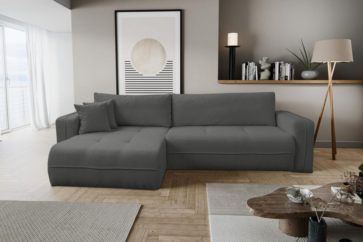 ECKSOFA CLOUD mit Schlaffunktion und Bettkasten Boucle Cloud (Grau) - Grau, Textil (276/145cm) - VENASI MÖBEL