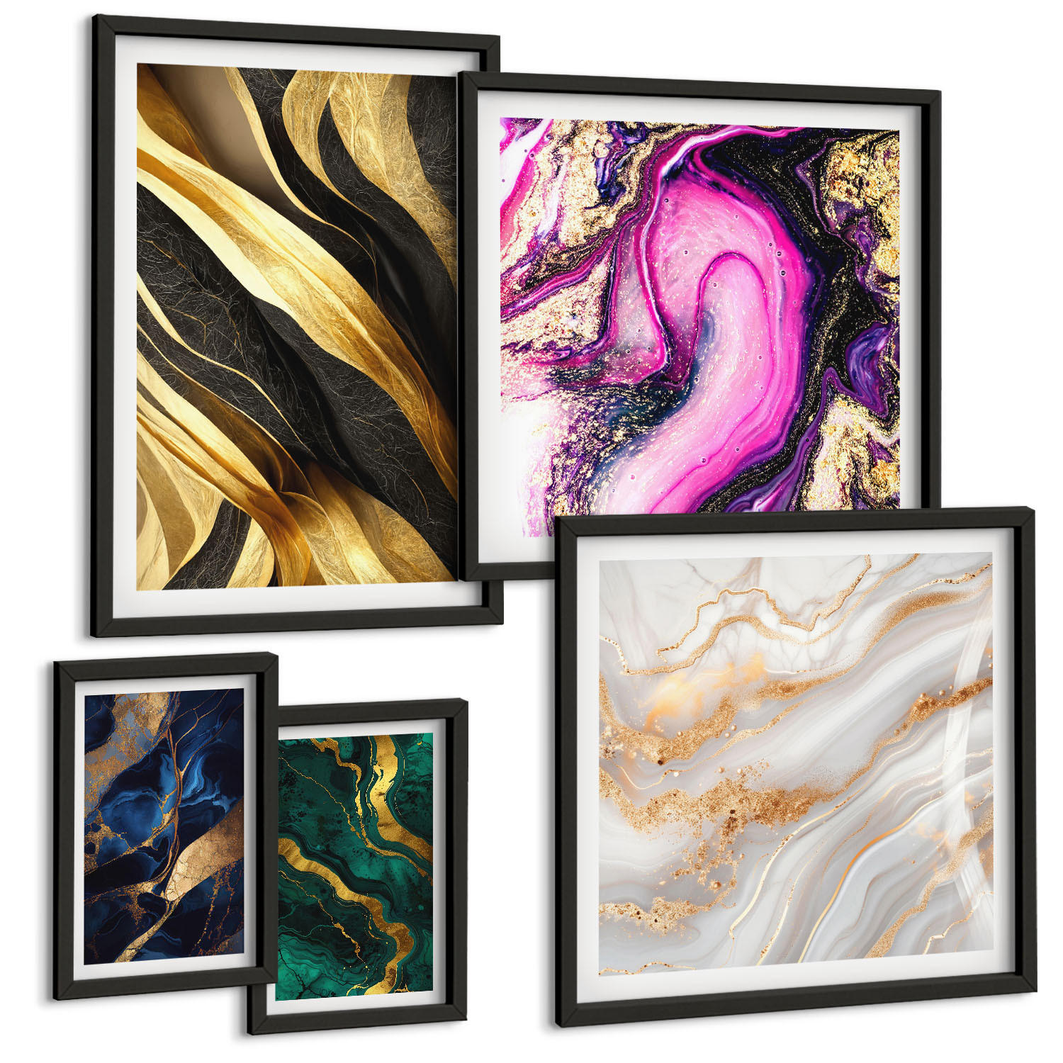 BILDER SET 5er Set - 50x50 cm & 20x30 cm & 40x60 cm Schwarzer Rahmen - Abstrakter Marmor mit Farben - Schwarz, Kunststoff (40/60cm) - TULUP