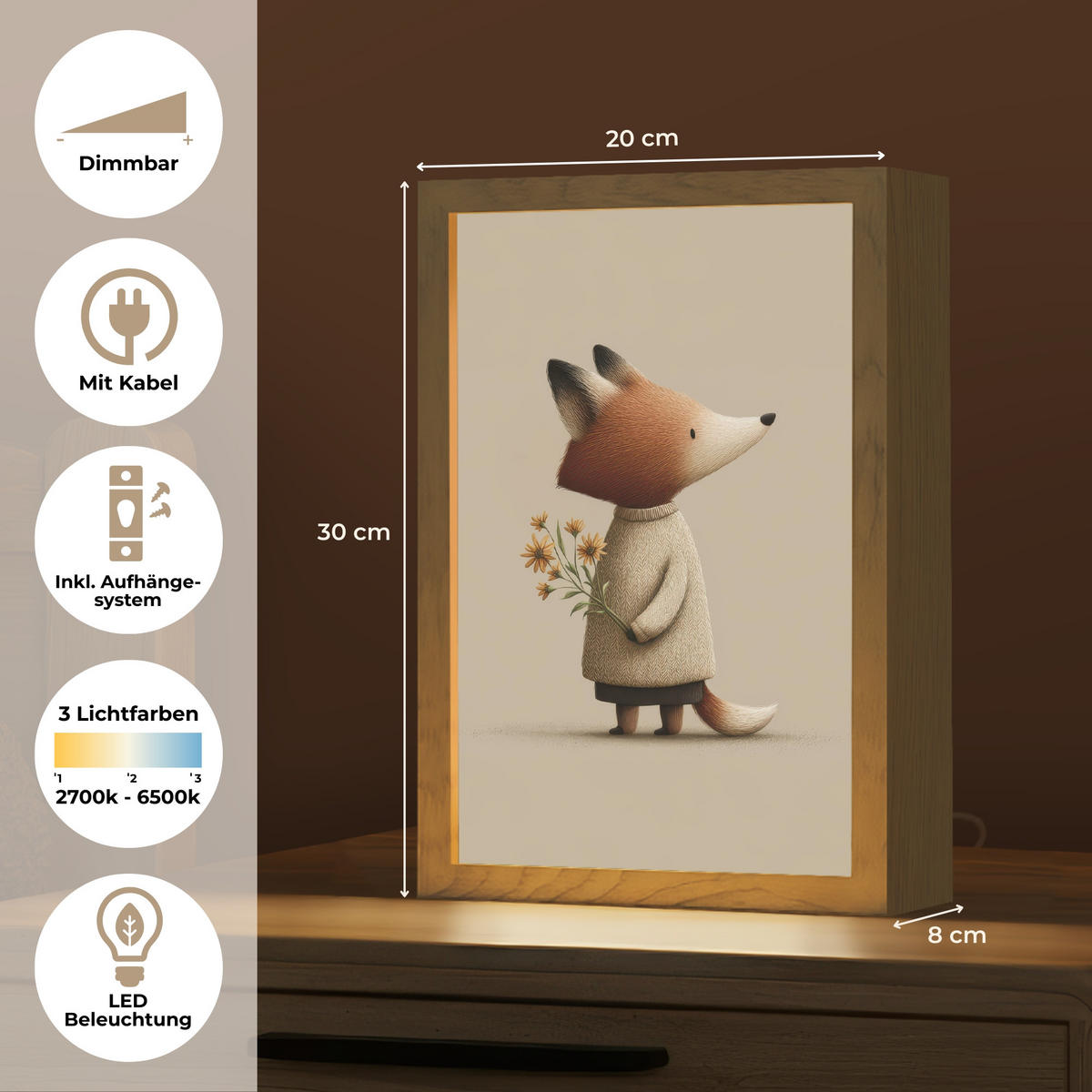 NÁSTĚNNÁ LAMPA Liška - Žluté květy - Minimalistický 20x30 cm - šedohnědá, kompozitní dřevo (20/30/8cm) - OnlyWow