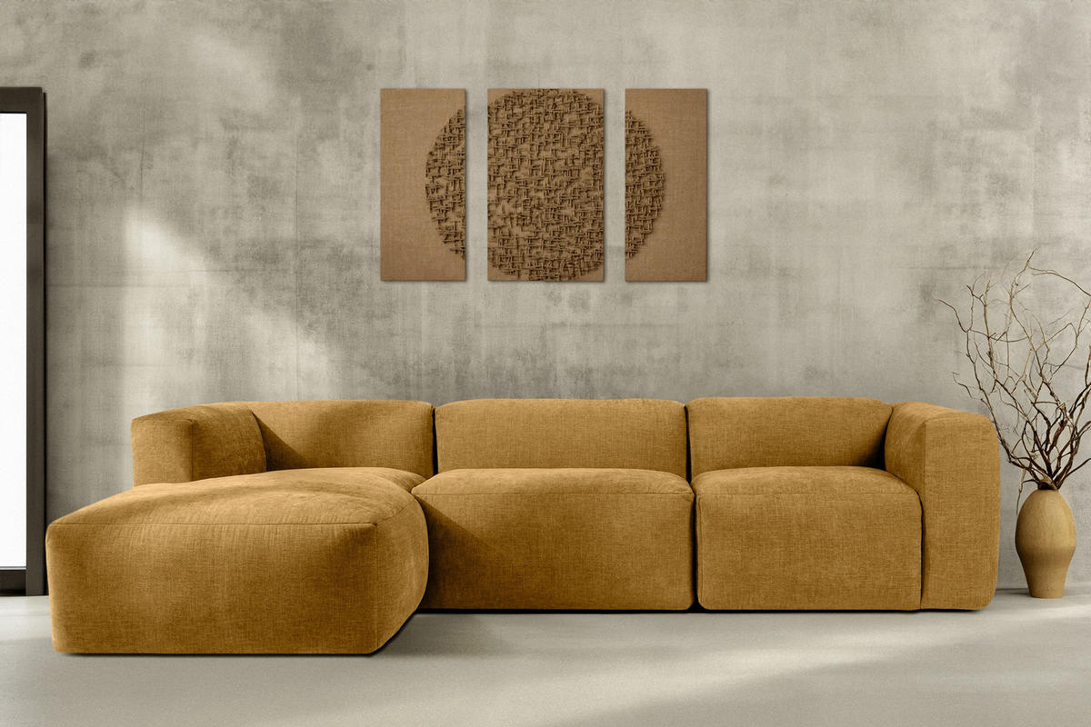 ECKMODULSOFA-LINKS BUFFO mit extrem weicher und bequemer Sitzfläche, Gewebestoff, Honig - Gelb, Textil (297/180cm) - KONSIMO®
