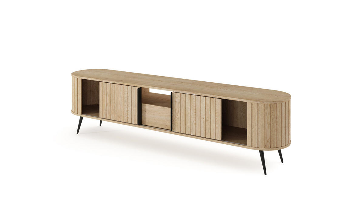 TV-LOWBOARD LOVI 196 cm Eiche Cremona - mit Riffel-Front und Schiebetüren - Eichefarben/Schwarz, Holz/Holzwerkstoff (196/51/40cm) - Ravio