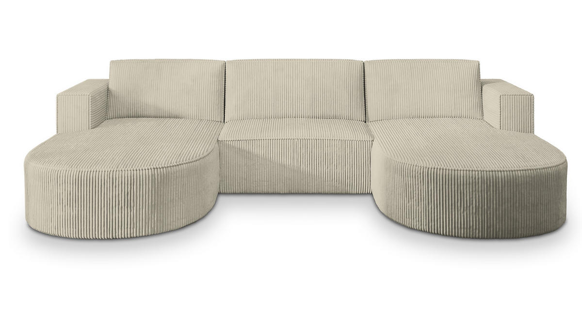 WOHNLANDSCHAFT VEZZO P Creme Kordstoff mit Schlaffunktion - Creme, Holz (347/85/174cm) - MASSENO