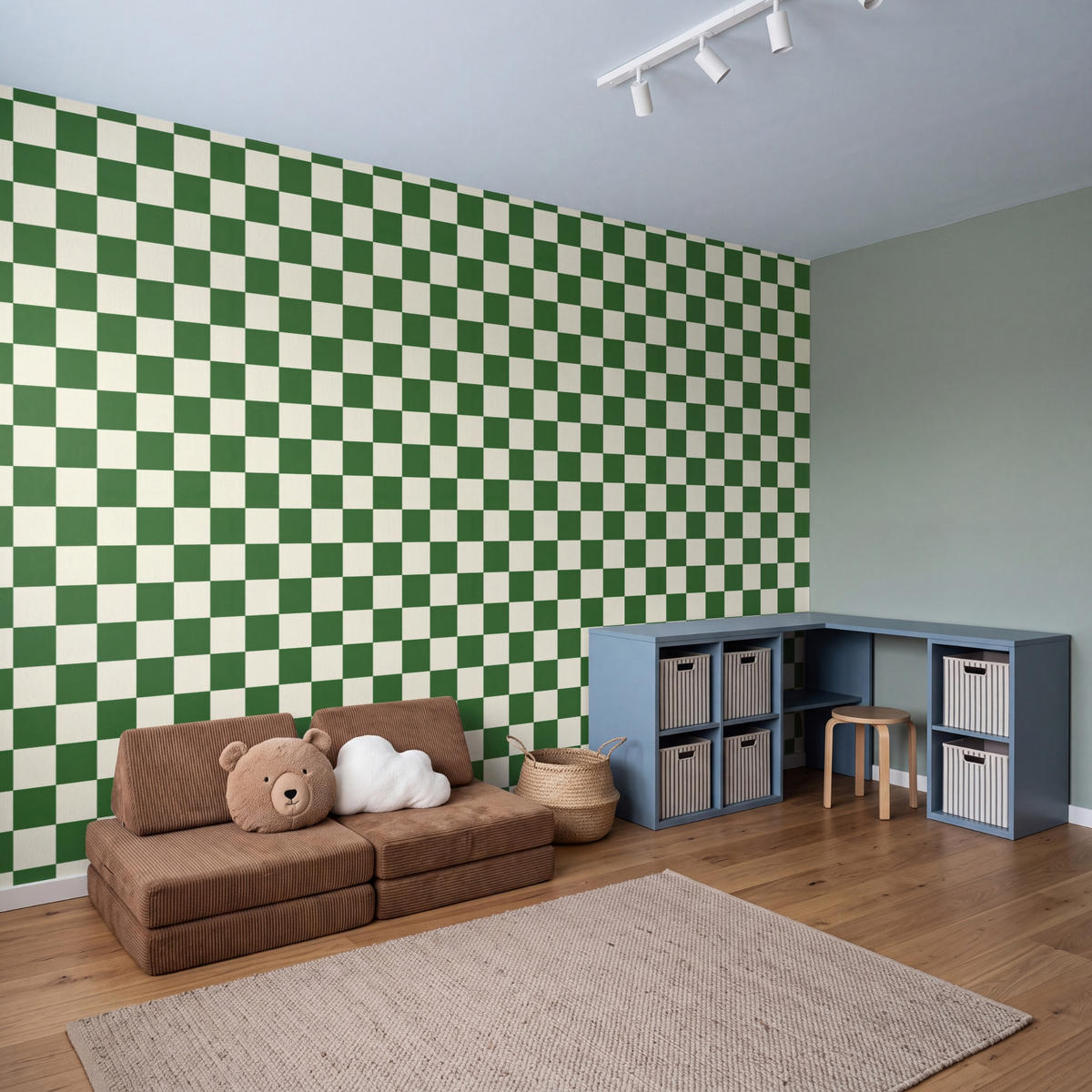 KINDERTAPETE - Schachbrett - Muster - Grün - 450x260 cm - Grün, Papier (450/260cm) - OnlyWow