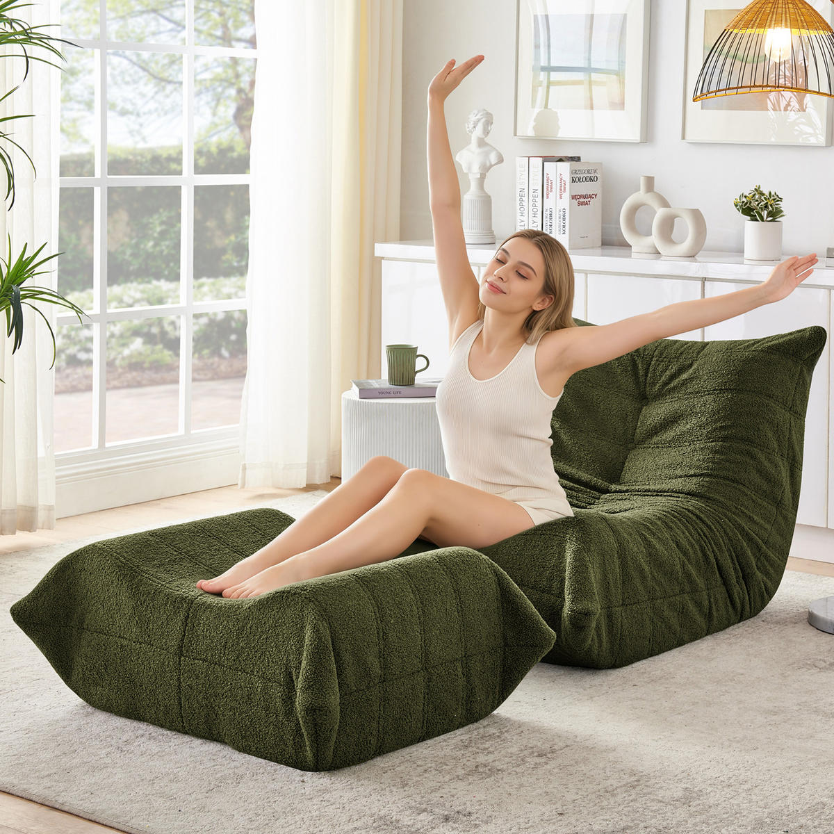 SITZSACK Teddystoff Grün mit Hocker - Grün, Textil (100/70/90cm) - WISHDOR