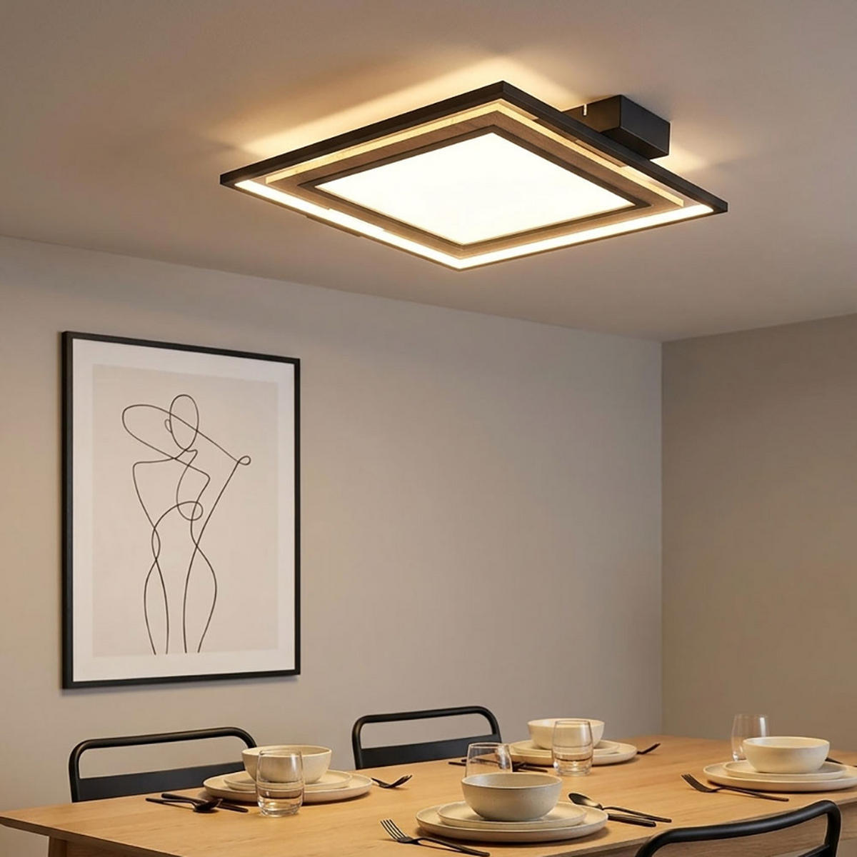 LED DECKENLEUCHTE Metall Schwarz Matt Holzoptik - Schwarz, Metall (50/45/6cm) - Globo Lighting