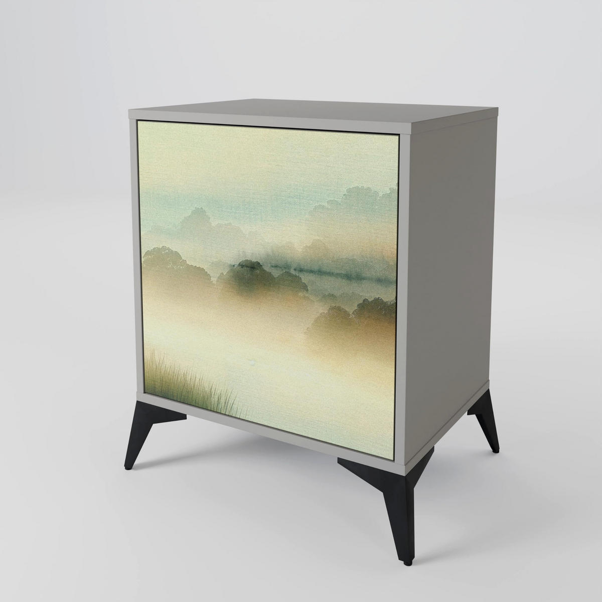 SIDEBOARD MORNING BY THE LAKE, Grau, 57,5x42x75,5 cm, Goldfarbene Metallfüße - Goldfarben/Multicolor, Holzwerkstoff/Metall (57.5/75.5/42cm) - SpaceRebels