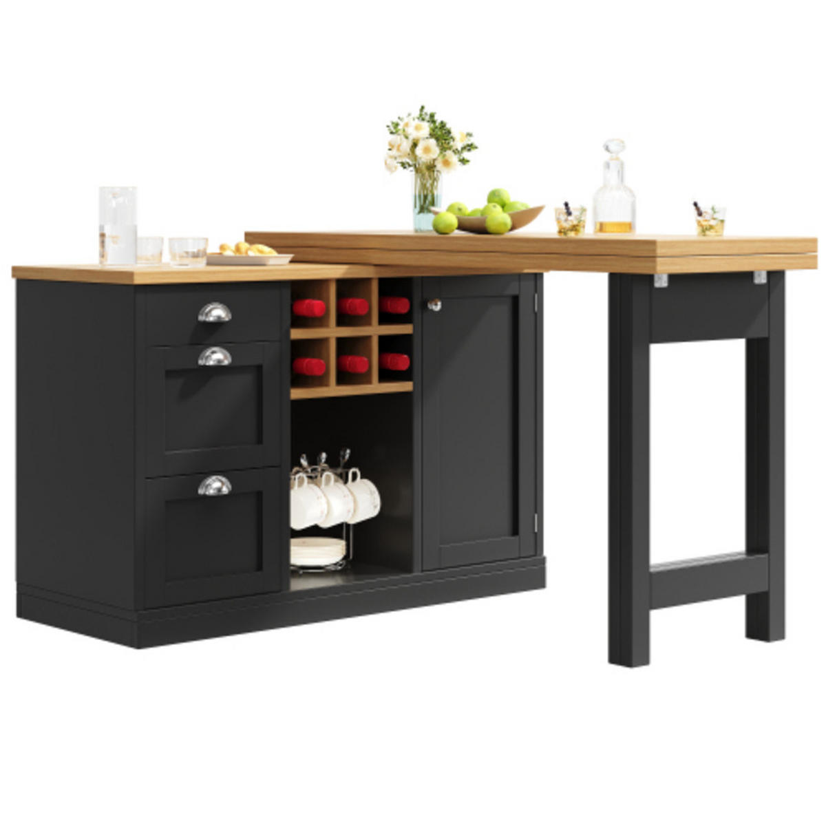 KÜCHENINSEL 120-197×40×74 cm aus MDF mit 360° drehbaren Tischpaneelen, Weinregal und vielfältigem Stauraum, schwarz - Schwarz, Holzwerkstoff (197/74/40cm) - Luhomfu