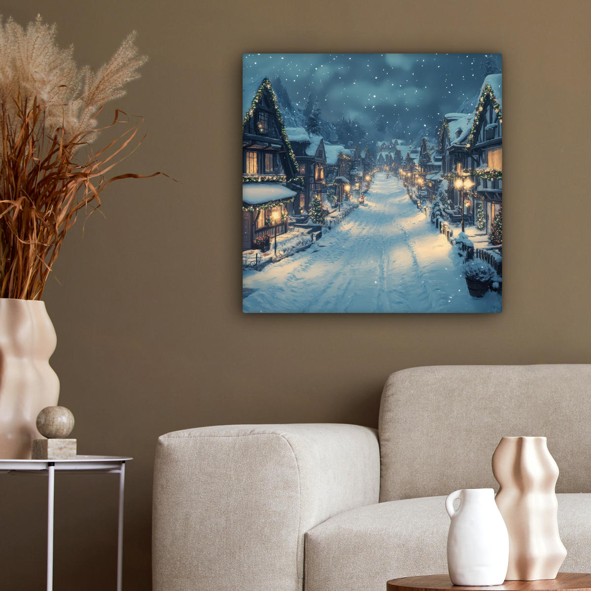 LEINWANDBILD Weihnachtsdorf - Weihnachten - Schnee - Winter 50x50 cm - Dunkelblau, Textil (50/50cm) - MuchoWow