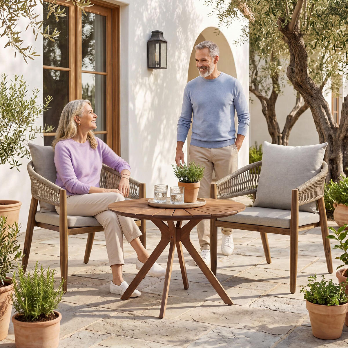 GARTENSET 3-teilig, höhenverstellbare Kunststofffüße, in Sandfarben - Sandfarben, Holz/Kunststoff - tectake