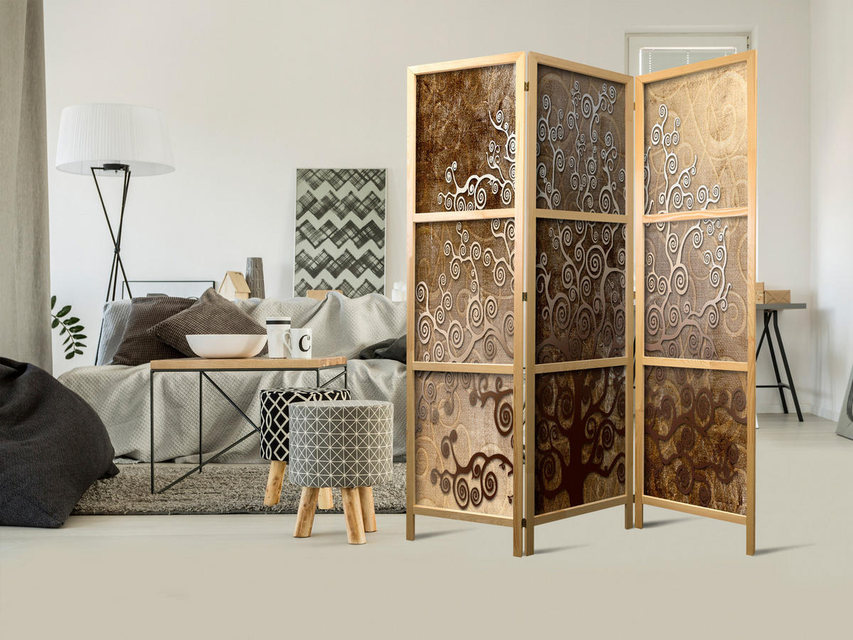 PARAVENT Japanischer 3-tlg 135x172 cm Abstrakter Baum Retro - Braun, Holz/Textil (135/172/3cm) - Muralo