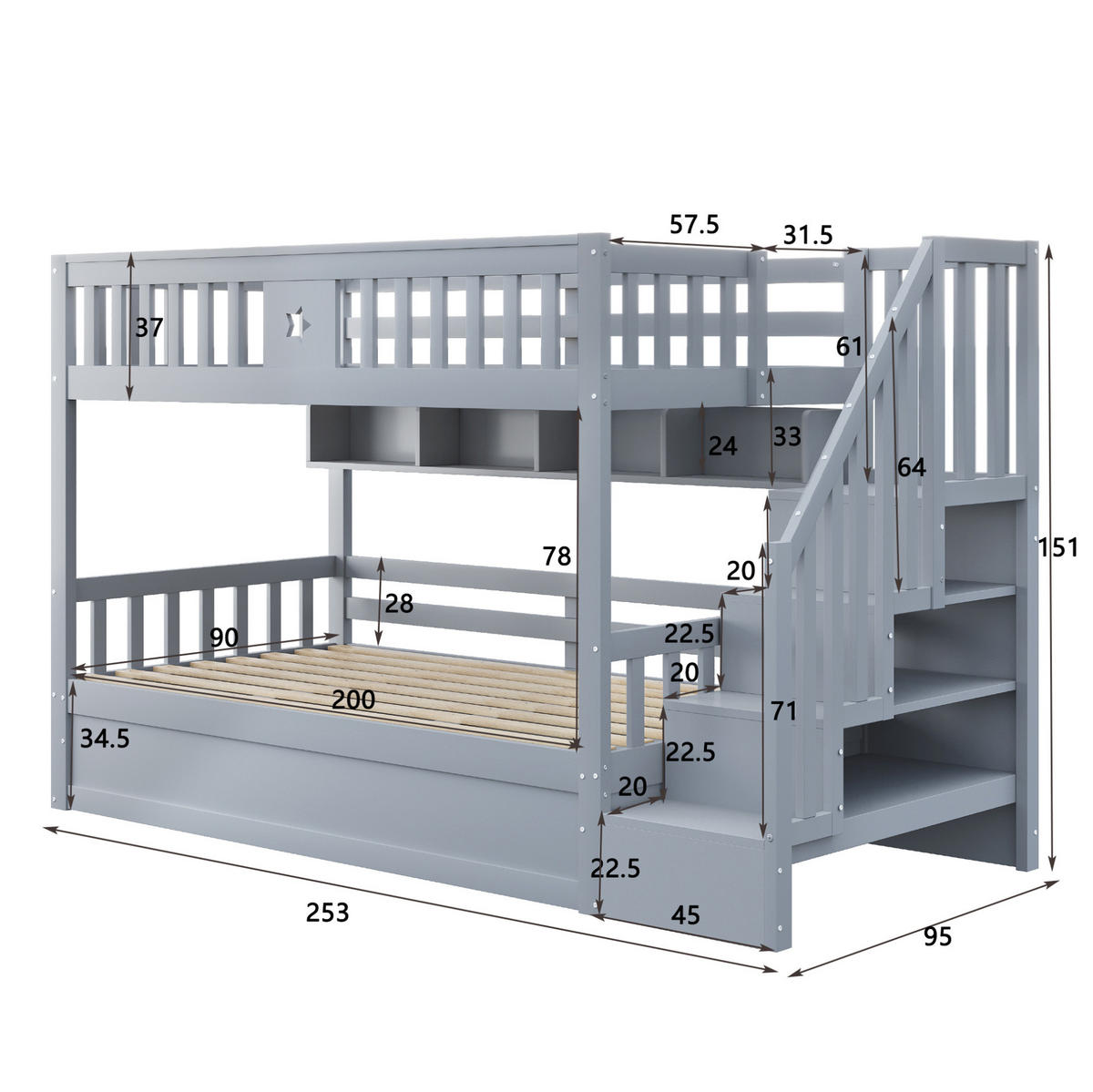 ETAGENBETT 90/200 cm grau aus Holz mit Hydraulikbett - Grau, Holzwerkstoff (90/200cm) - OKWISH