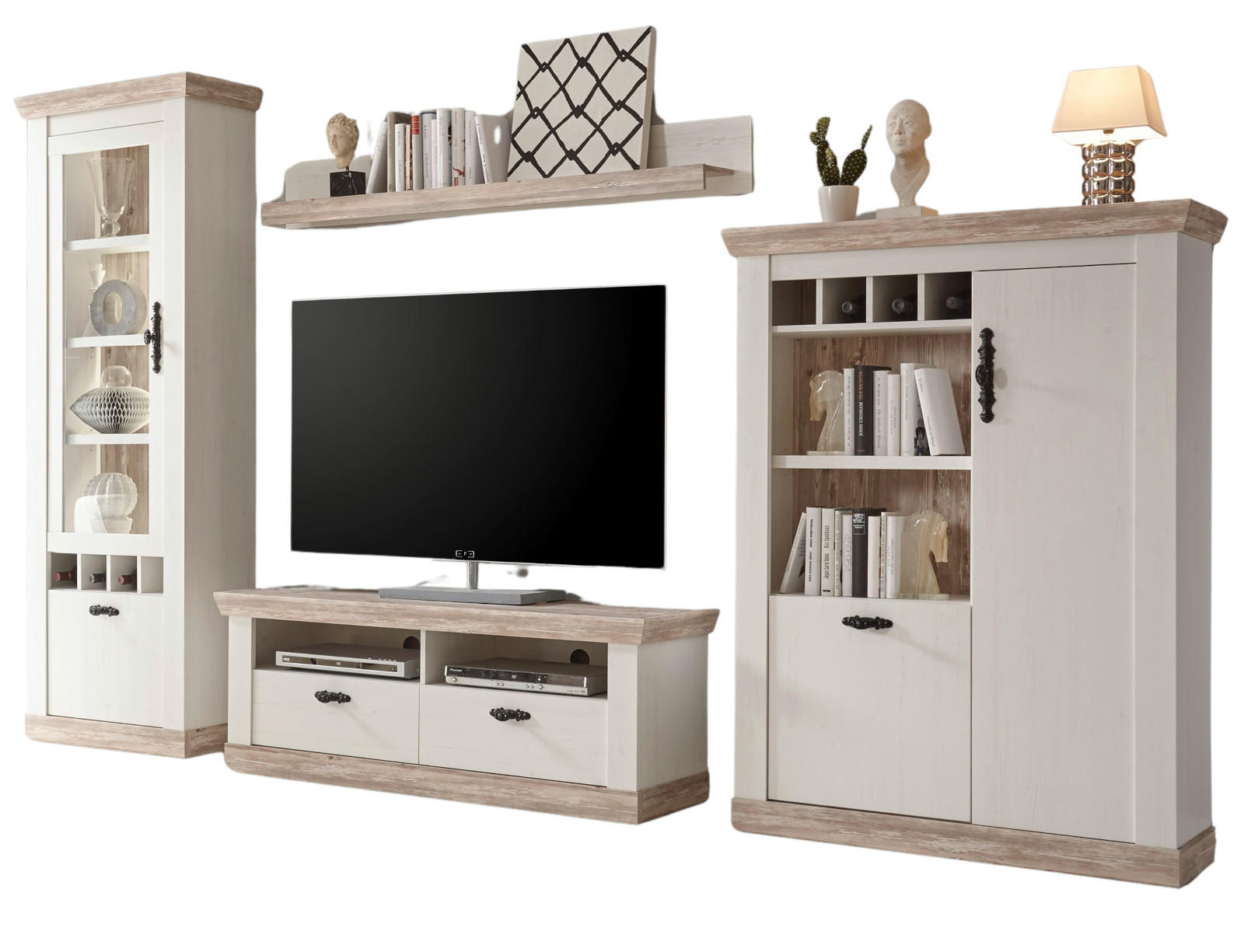 WOHNWAND Pinie weiß, Oslo Pinie Landhaus, Schrankwand 4-teilig, 330 x 201 cm - Anthrazit/Weiß, Holzwerkstoff/Metall (330/201/44cm) - Furn.Design