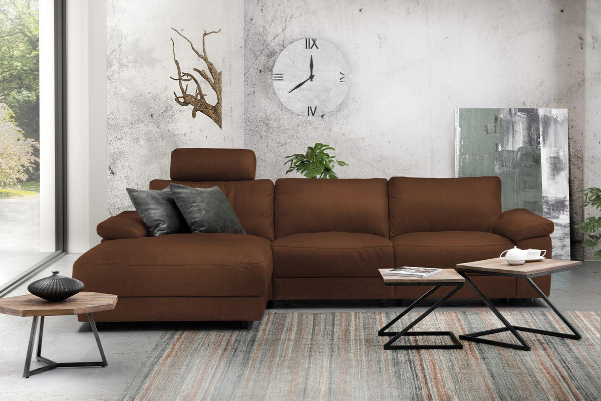 ECKSOFA XL MOTOR. RELAXFUNKTION LOLA Braun Leder - Dunkelbraun/Schwarz, Leder (304/178cm) - KAWOLA