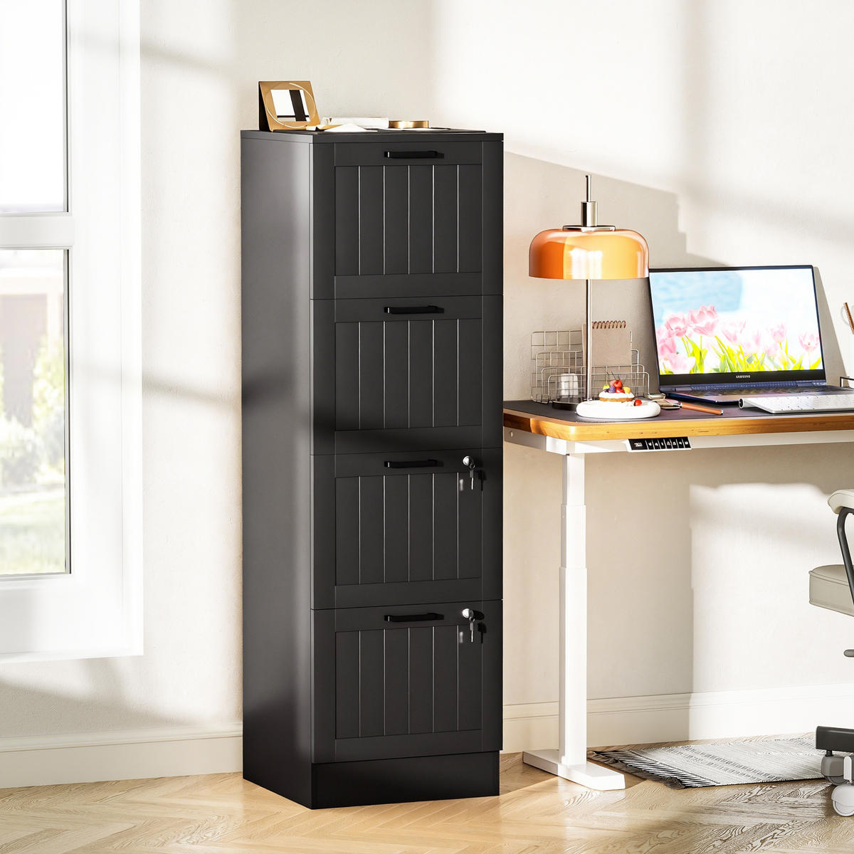 AKTENSCHRANK DE-14515 4 Schubladen abschließbar mit Hängeakten Schwarz - Schwarz, Holzwerkstoff (40/131/40cm) - ComfortXL