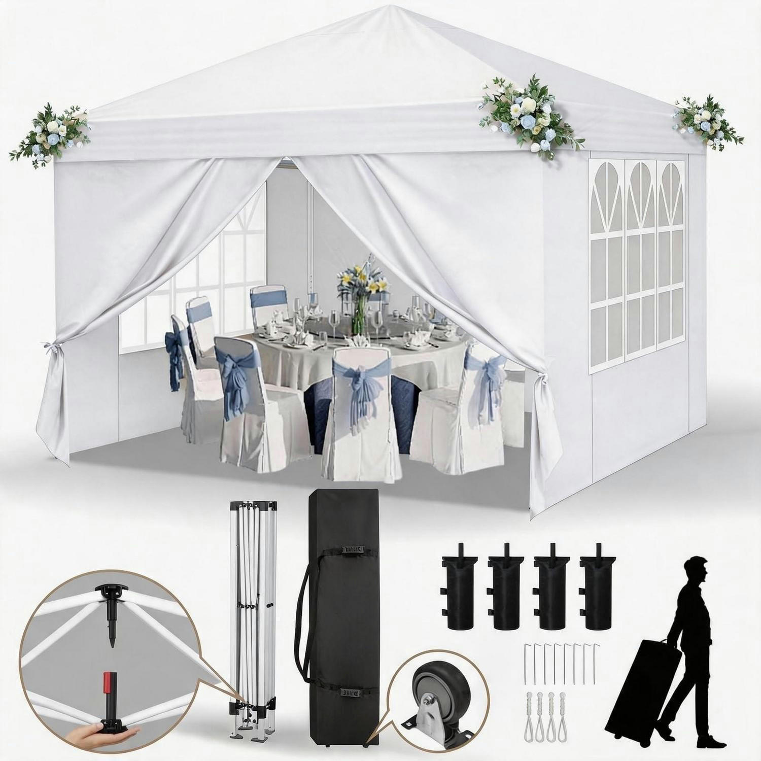 FALTPAVILLON 3 x 3 m weiß mit 4 Seitenteilen, Pop-Up One-Touch - Weiß, Textil (300/255/300cm)