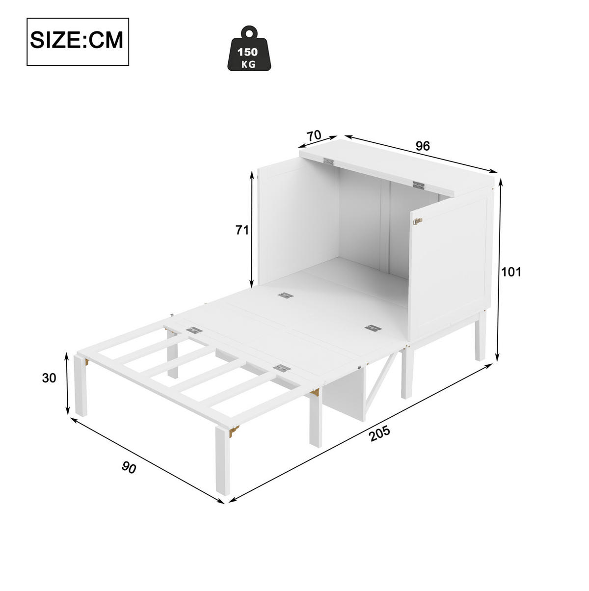BETT vertikal klappbar 90x200 cm Weiß mit Stauraum - Weiß, Holzwerkstoff (90/200cm) - Beauniv