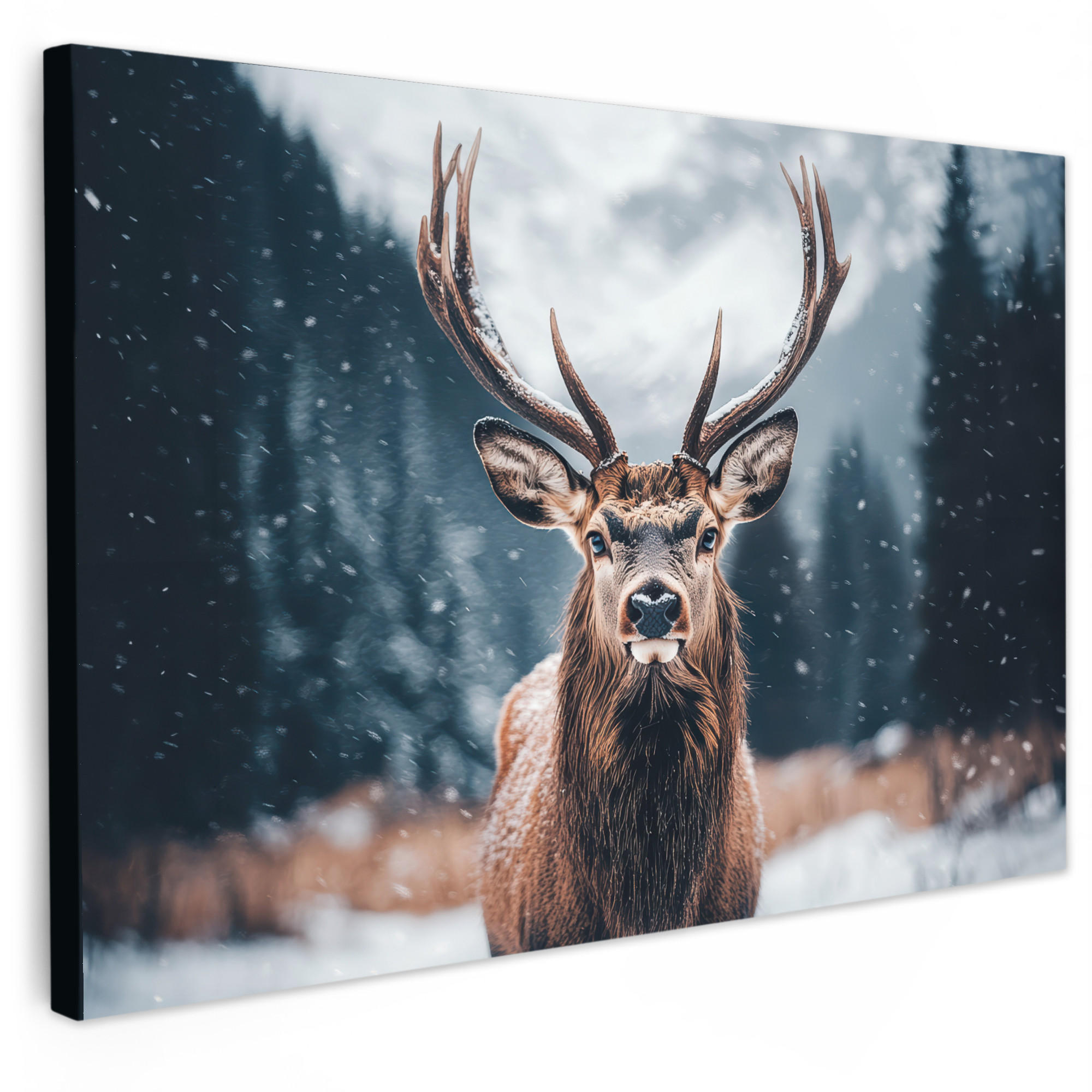 OBRAZ NA PLÁTNĚ Jeleni - Zvířata - Krajina - Zima - Sníh 90x60 cm - barva kaštanu, textil (90/60cm) - MuchoWow