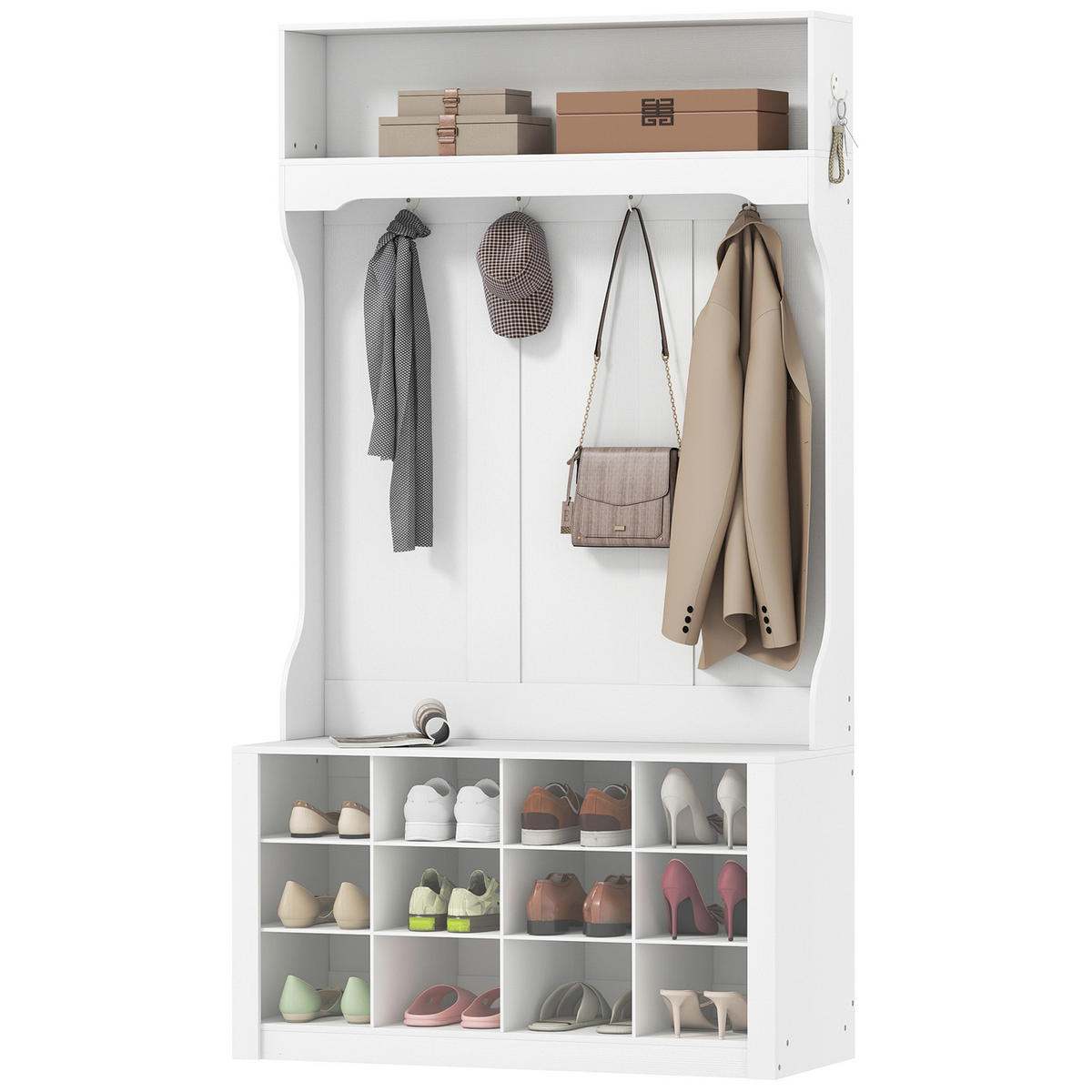GARDEROBE Weiß mit Sitzbank und 12 Schuhfächern 100/35/172,2 cm - Weiß, Holzwerkstoff (100/172.2/35cm) - PANGIVO