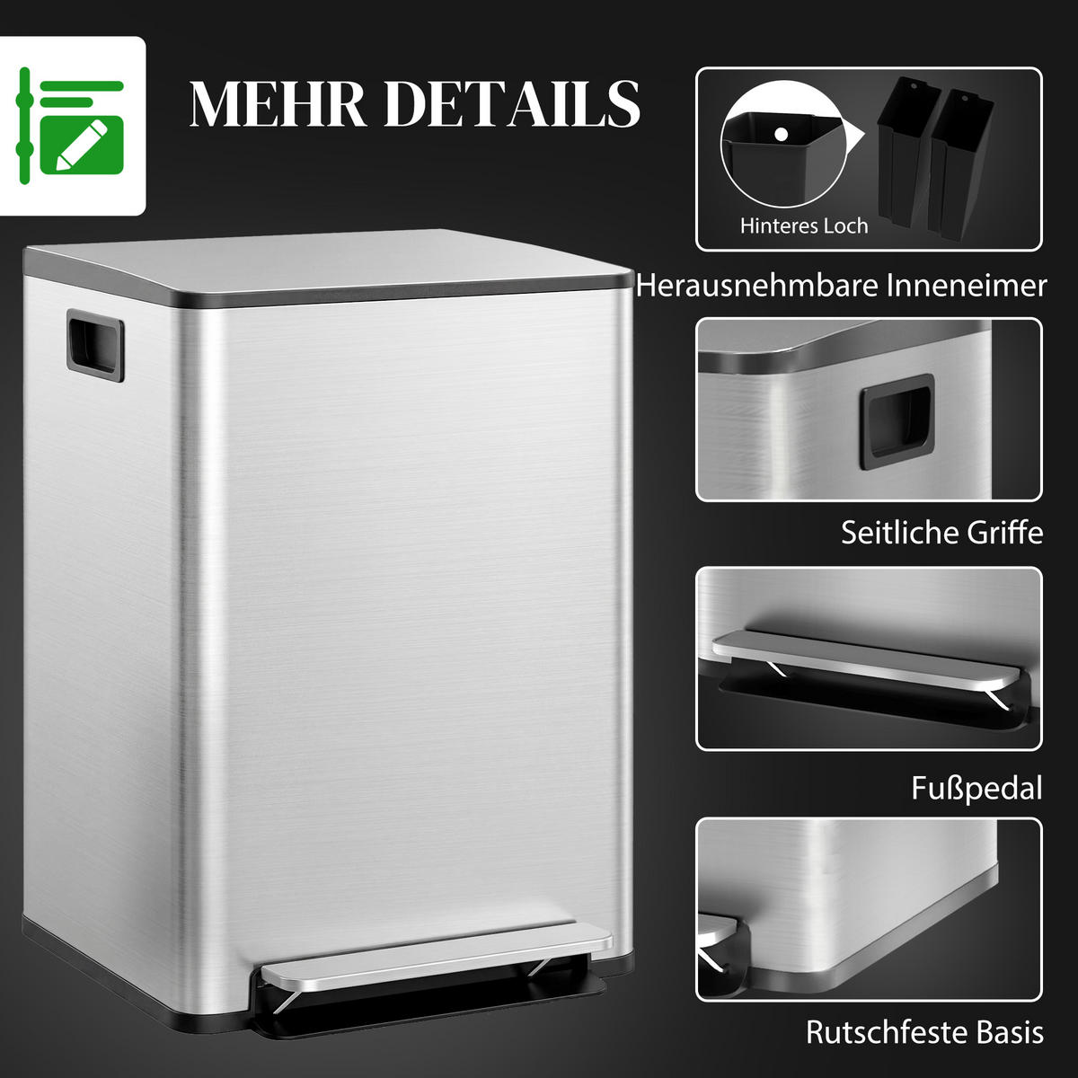 MÜLLEIMER DE-08935 2x30 L, Soft-Close, fingerabdrucksicher Silber - Silberfarben, Metall (37.5/66.8/47.7cm) - ComfortXL