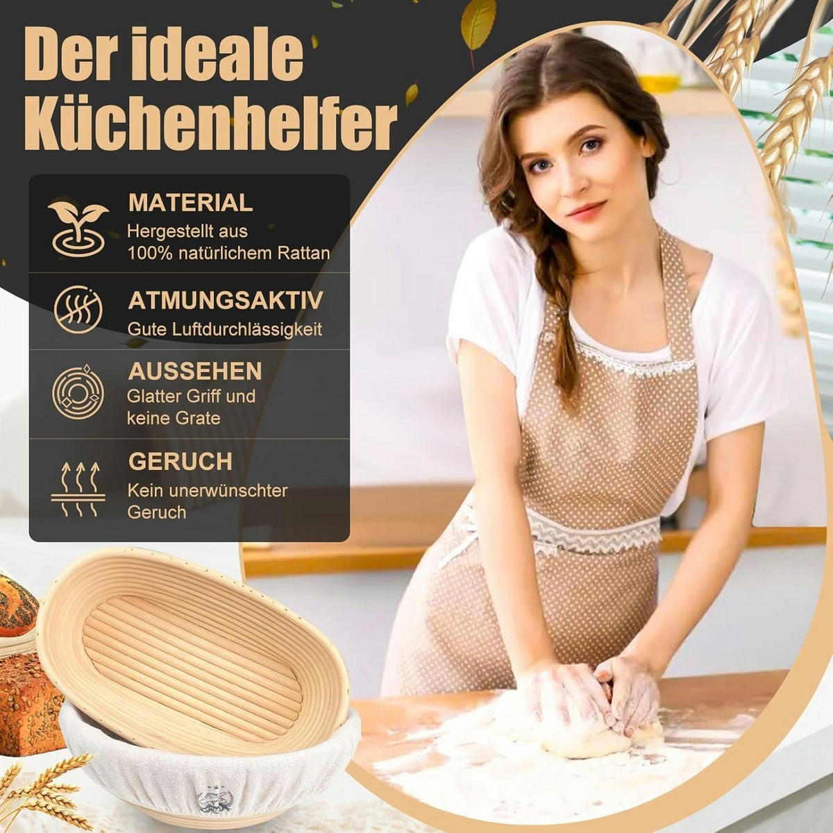 GÄRKÖRB Set 2-teilig Rattan 23cm Rund & 25cm Oval inkl. Zubehör - Creme, Naturmaterialien (25/8/8cm)