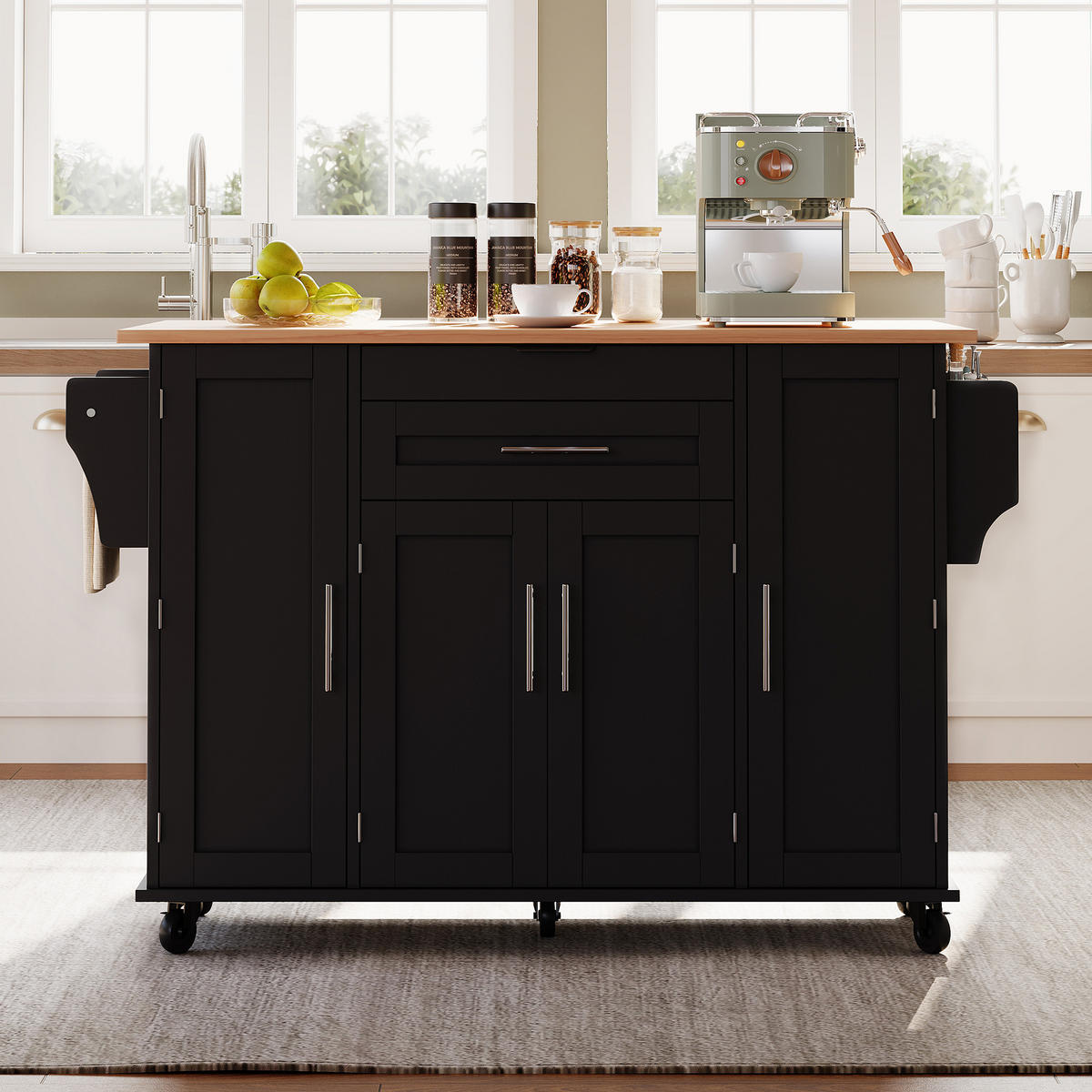 KÜCHENINSEL 136/70/92 cm schwarz/natur aus MDF mit Ausziehplatte - Schwarz, Holzwerkstoff (136/92/70cm) - OKWISH