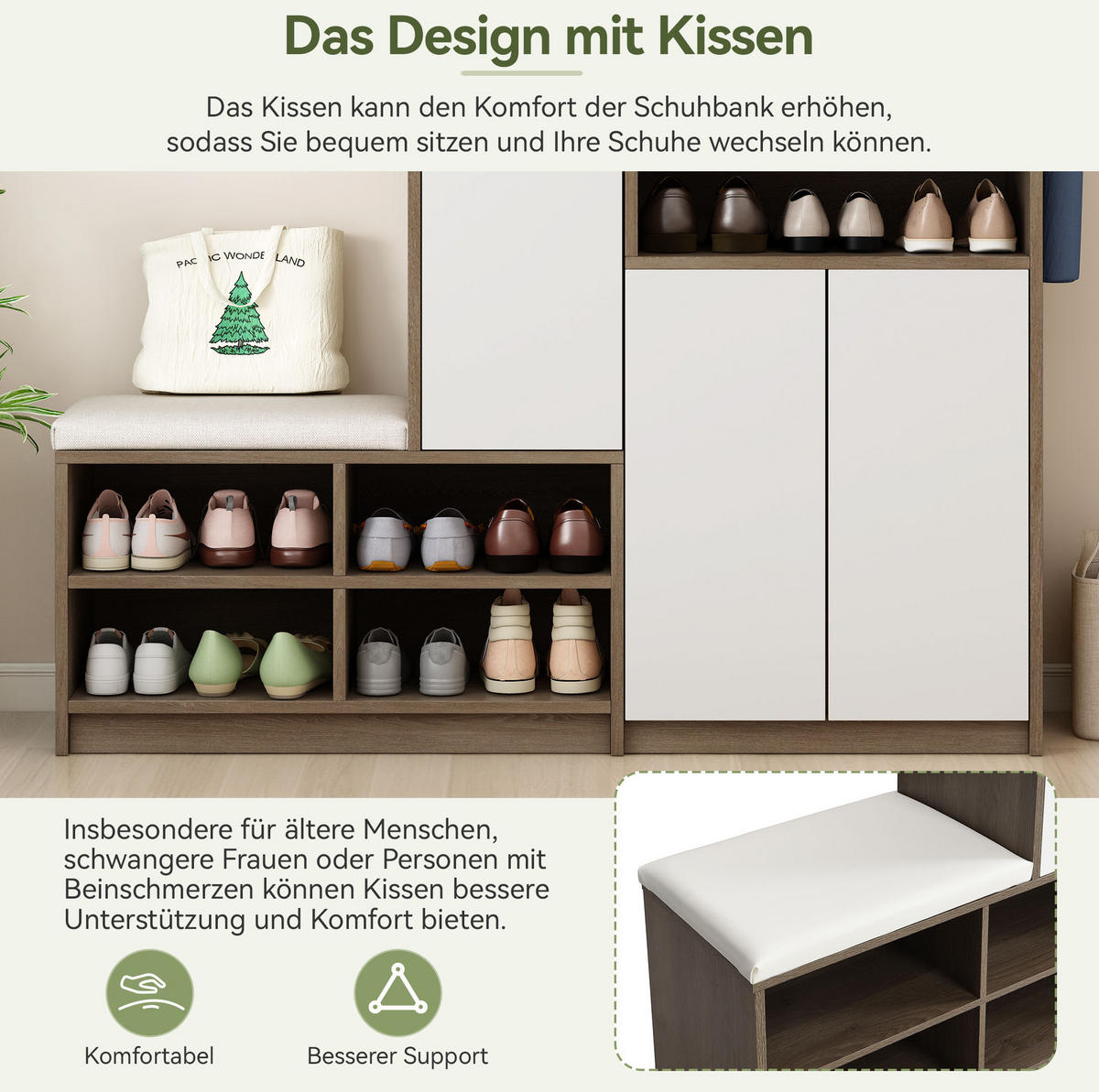 SCHUHSCHRANK 140/35/110 cm mit gepolsterter Sitzbank, verstellbaren Einlegeböden und grifflosen Türen, Weiß - Weiß, Holzwerkstoff (140/110/35cm) - Redom