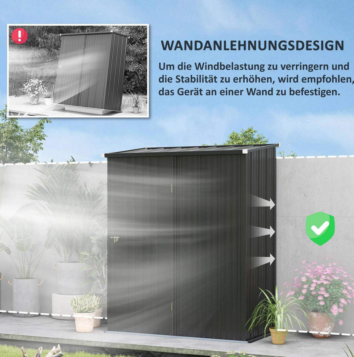 GARTENSCHRANK aus Stahl 161,5x94,5x183/196 cm in Schwarz mit abschließbarer Tür - Schwarz, Metall (94.5/196/161.5cm) - Modfu