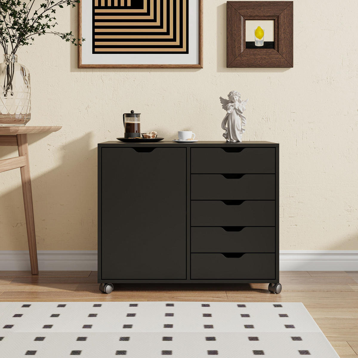 LADIČAR Crni na kotačićima 5 ladica - crna, drvni materijal/metal (78/65/40cm) - Relaxdays