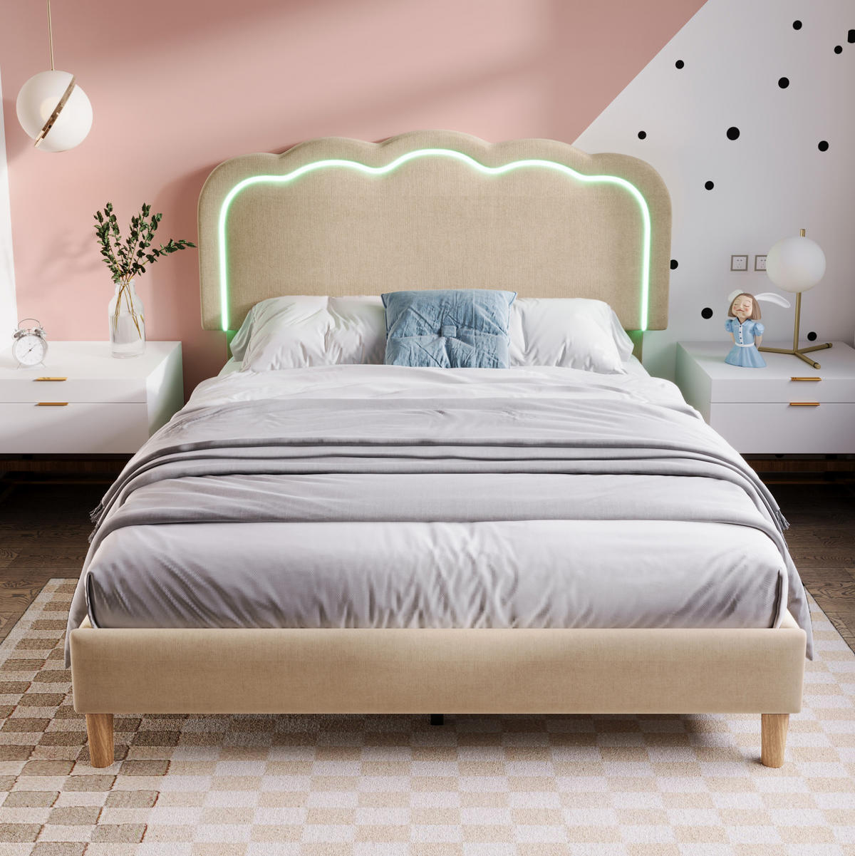 POLSTERBETT mit LED-Beleuchtung 140/200 cm, verstellbares Kopfteil, Beige - Beige, Textil (140/200cm) - BEAOK