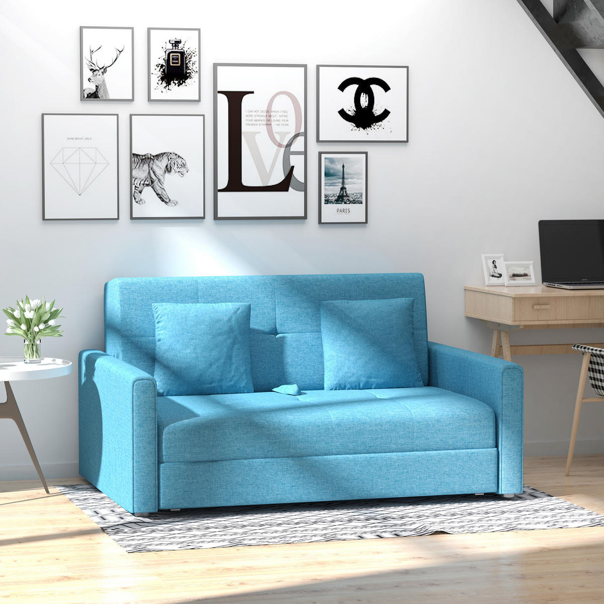 SCHLAFSOFA 2-Sitzer Sofa mit Bettfunktion Polstersofa mit Stauraum, Rückenkissen - Hellblau, Kunststoff (101/81/152cm) - HOMCOM