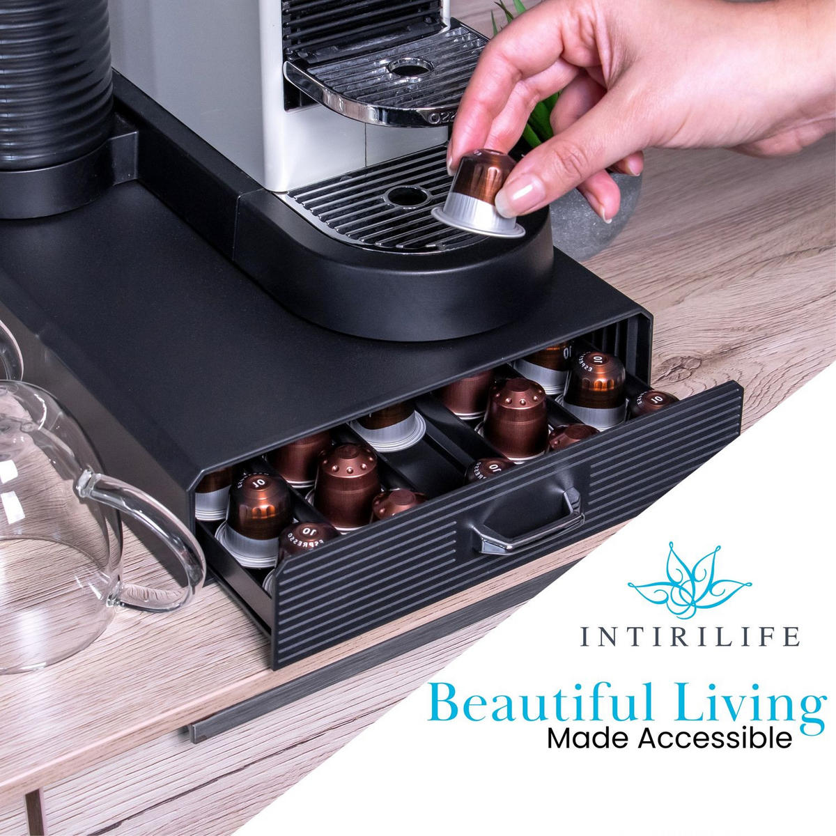 AUFBEWAHRUNGSSCHUBLADE für Kaffeekapseln kompatibel mit Nespresso Kapseln - Schwarz, Kunststoff (23.5/6/38.5cm) - Intirilife