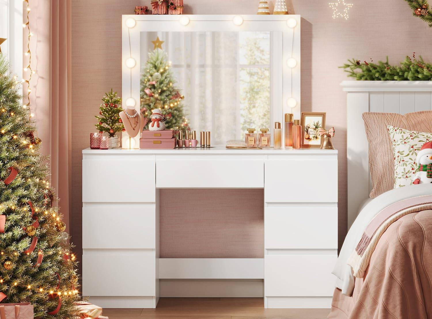 SCHMINKTISCH mit LED-Beleuchtung Weiß - Weiß, Glas/Holzwerkstoff (107/140.5/39.5cm) - Woltu