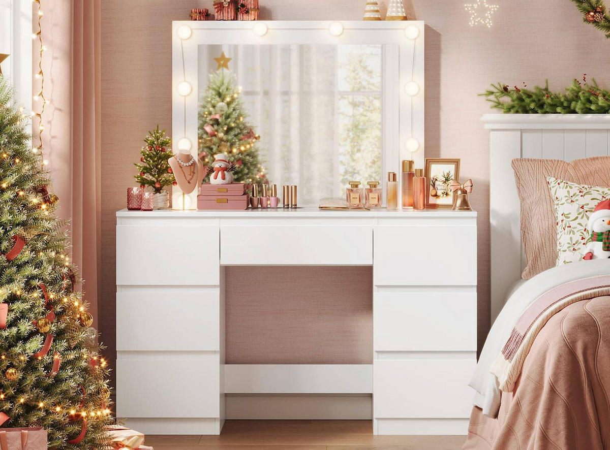 SCHMINKTISCH mit LED-Beleuchtung Weiß - Weiß, Glas/Holzwerkstoff (107/140.5/39.5cm) - Woltu