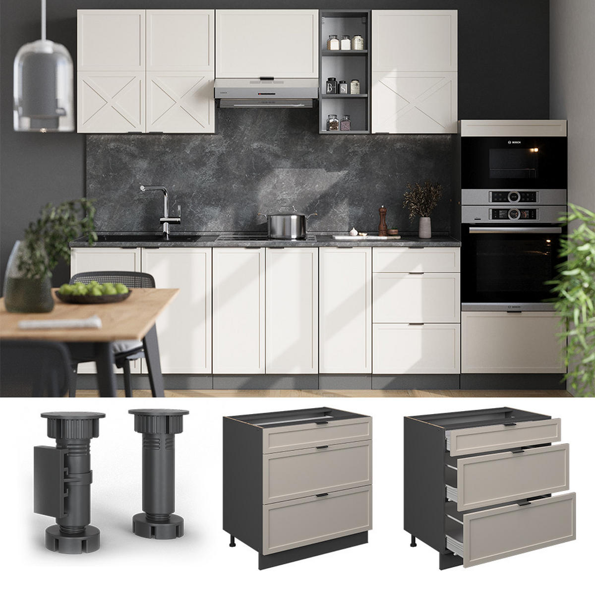 KÜCHENUNTERSCHRANK Fame-Line GrauBeige 80 cm mit 3 Schubladen AP Marmor - Anthrazit/Grau, Holzwerkstoff (80/82/60cm) - Vicco