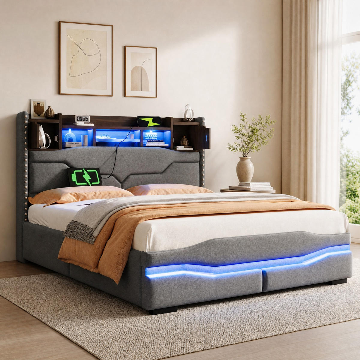 POLSTERBETT 140/200 mit Stauraum, LED und USB in Grau - Grau, Holzwerkstoff/Textil (140/200cm) - EVRYAE