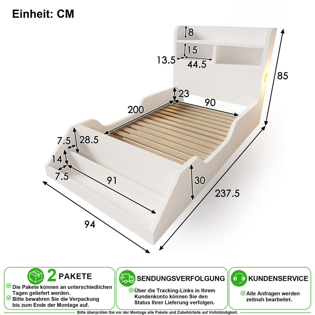 KINDERBETT 90/200 cm in Weiß mit Regal und Nachtlicht - Weiß, Holz/Holzwerkstoff (90/200cm) - CHICFURN