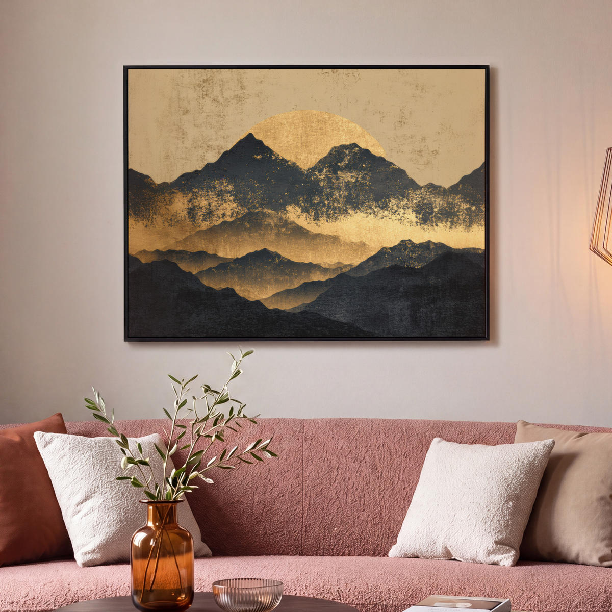 LEINWAND Bilder mit Rahmen - Goldene Berge bei Mondschein - 100x70 - Goldfarben, Textil (100/70cm) - MuchoWow