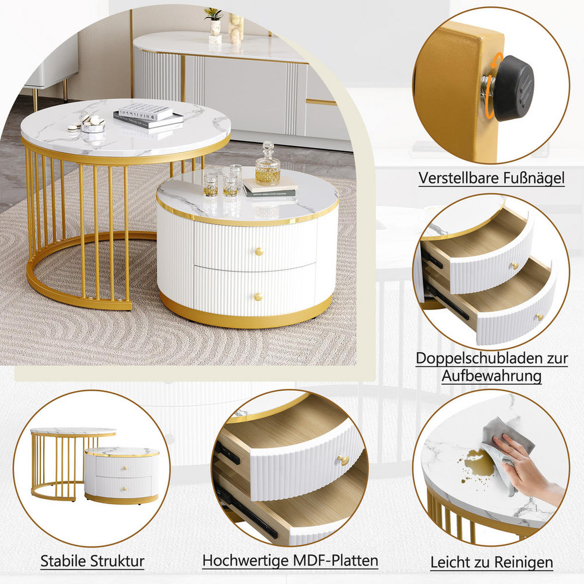 COUCHTISCH SET 2-TEILIG Nestform Hochglanz Marmoroptik 2 Schubladen Weiß - Weiß, Holz (68.58/68.58/38.99cm) - FLIEKS