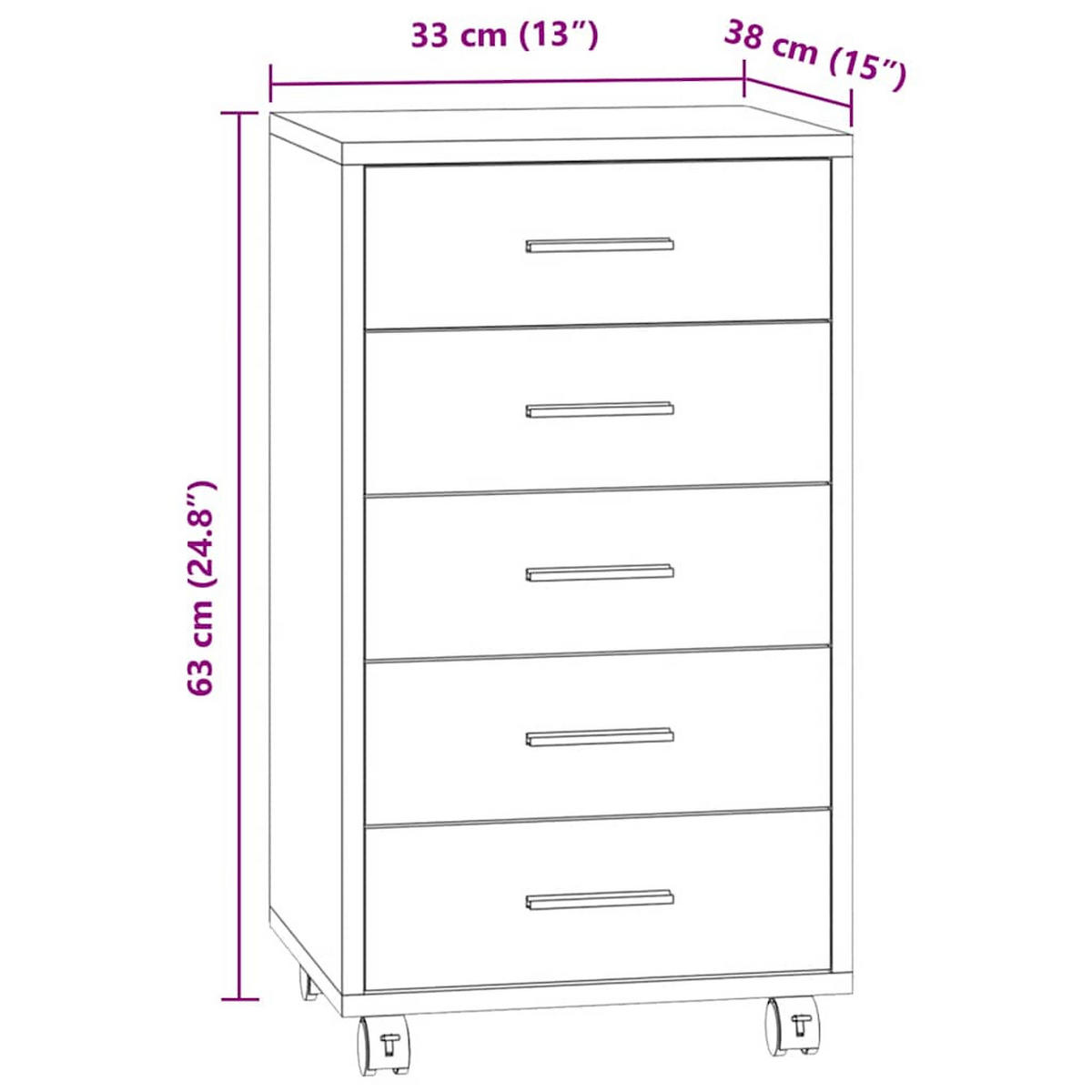 ROLLSCHRANK mit 5 Schubladen, 33/38/63 cm, aus Holzwerkstoff und Aluminium, in Hochglanz-Weiß - Weiß, Holz (33/63/38cm) - vidaXL