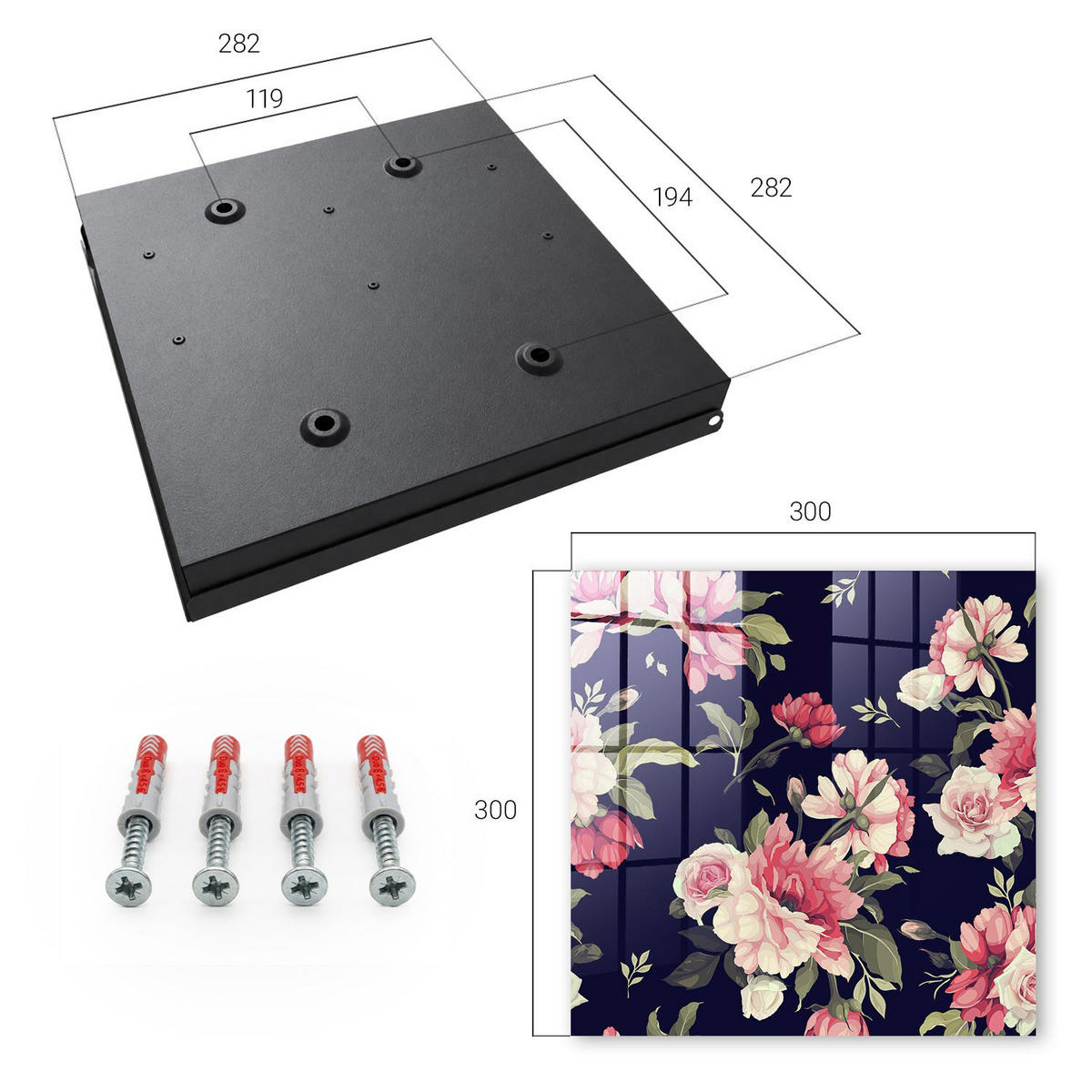 SCHLÜSSELBOX Schwarz 30x30 cm- Türöffnung nach rechts - Romantische Blumen - Dunkelblau, Metall (30/30/5cm) - TULUP