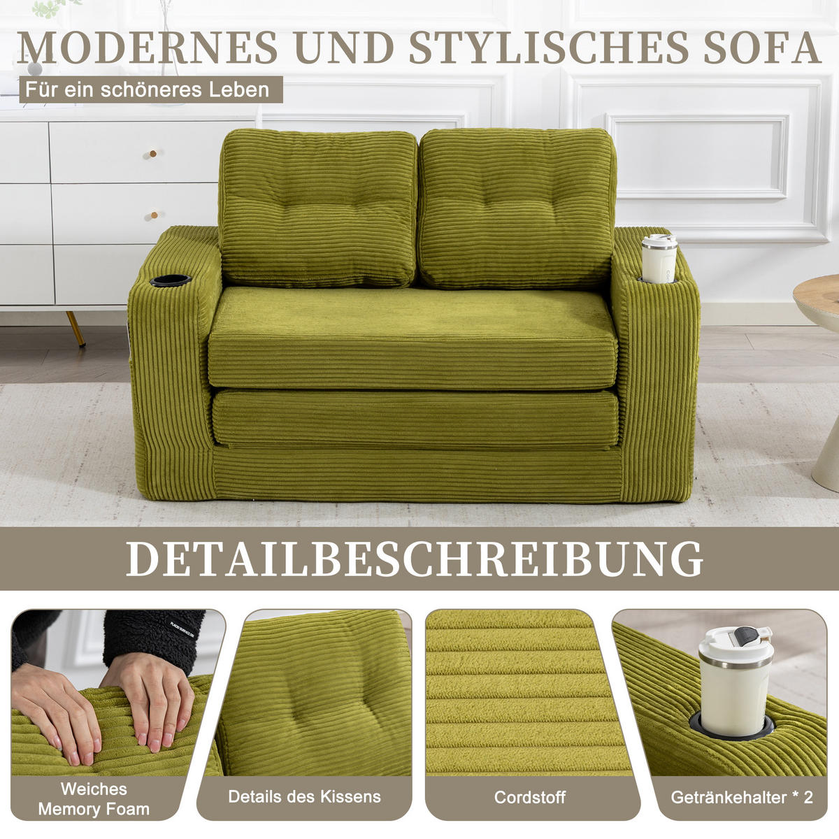 SCHLAFSOFA in Olive Cord mit Getränkehalter und Seitentaschen - Olivgrün, Textil (136/82.5/80cm) - Oxeza