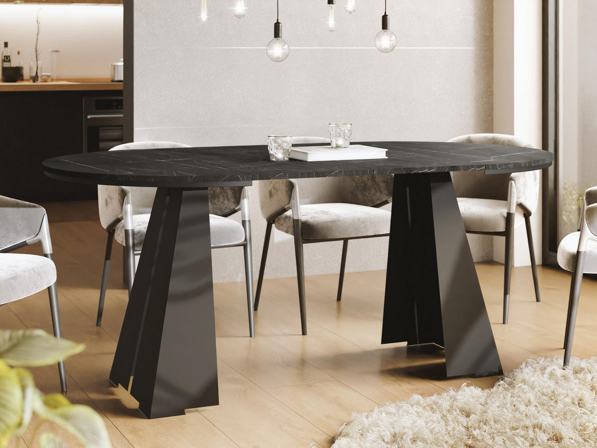 ESSTISCH Kova runder ausziehbarer, Marmor Schwarz 120-200/120/76 cm - Anthrazit/Schwarz, Holzwerkstoff/Metall (120/120/76cm) - WFL GROUP