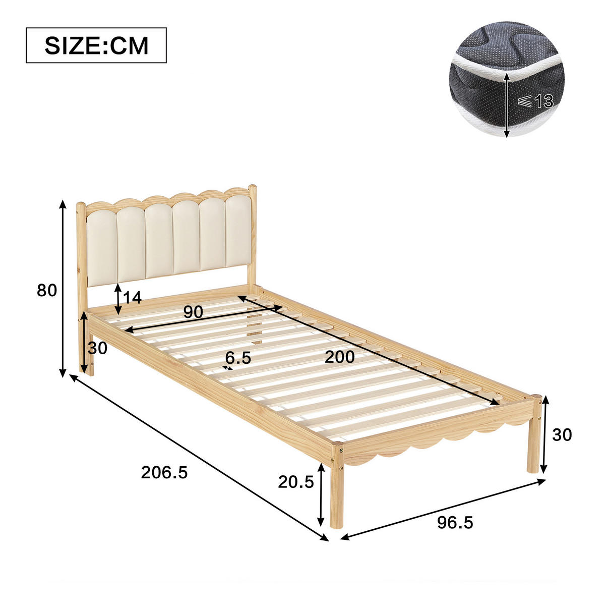 KINDERBETT 90/200 cm aus Holz mit gepolstertem PU-Kopfteil Beige/Natur - Beige, Holz (90/200cm) - Modenvie