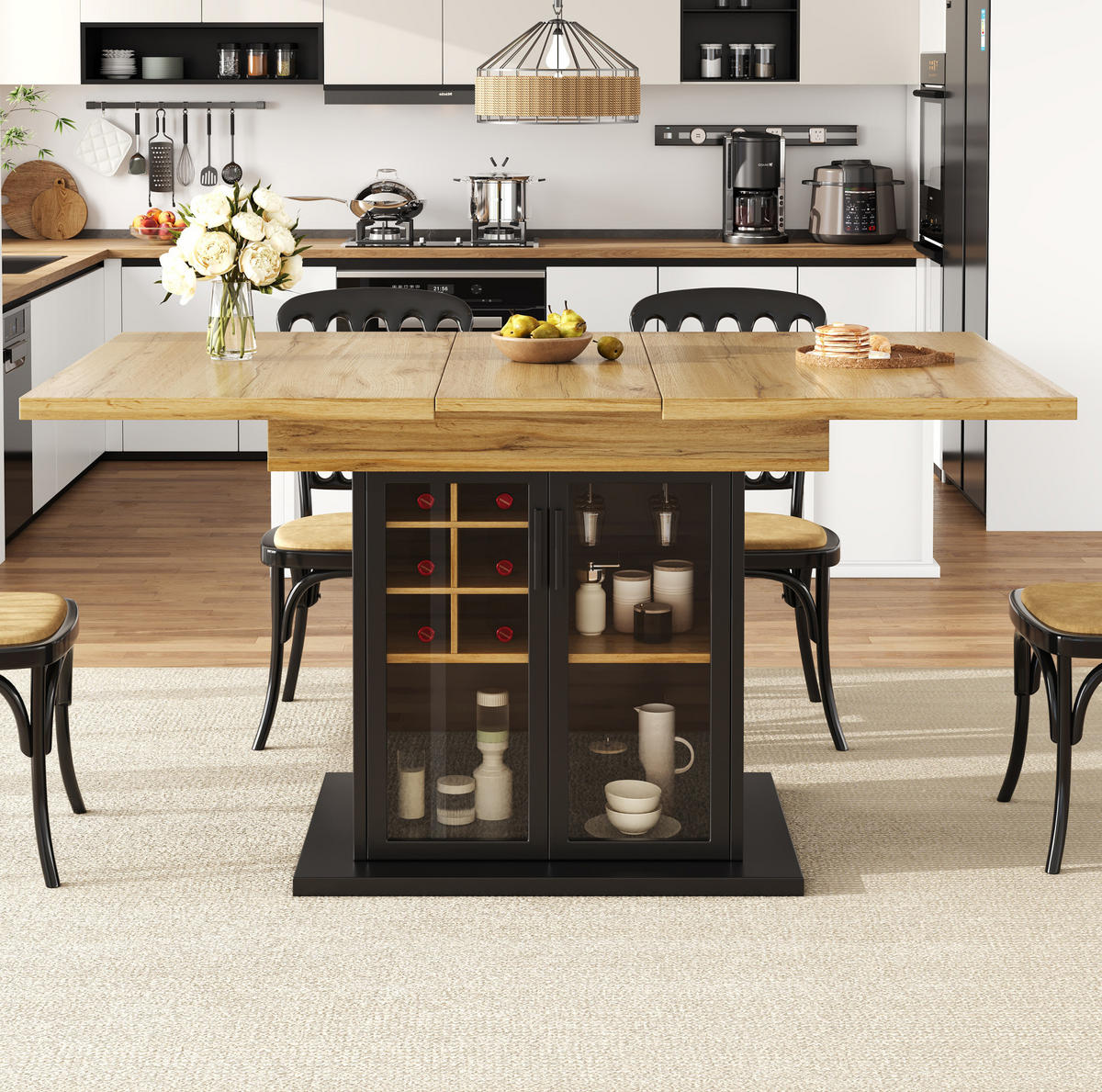 ESSTISCH 110-140/80/76 cm aus MDF, ausziehbar mit Weinregal und Glastür, Schwarz - Schwarz, Holzwerkstoff (110/80/76cm) - Redom