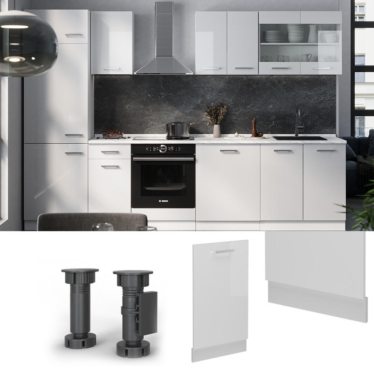 GESCHIRRSPÜLBLENDE R-Line Weiß Hochglanz 45 cm ohne Arbeitsplatte - Weiß Hochglanz/Weiß, Holzwerkstoff (45/81.8/1.6cm) - Vicco