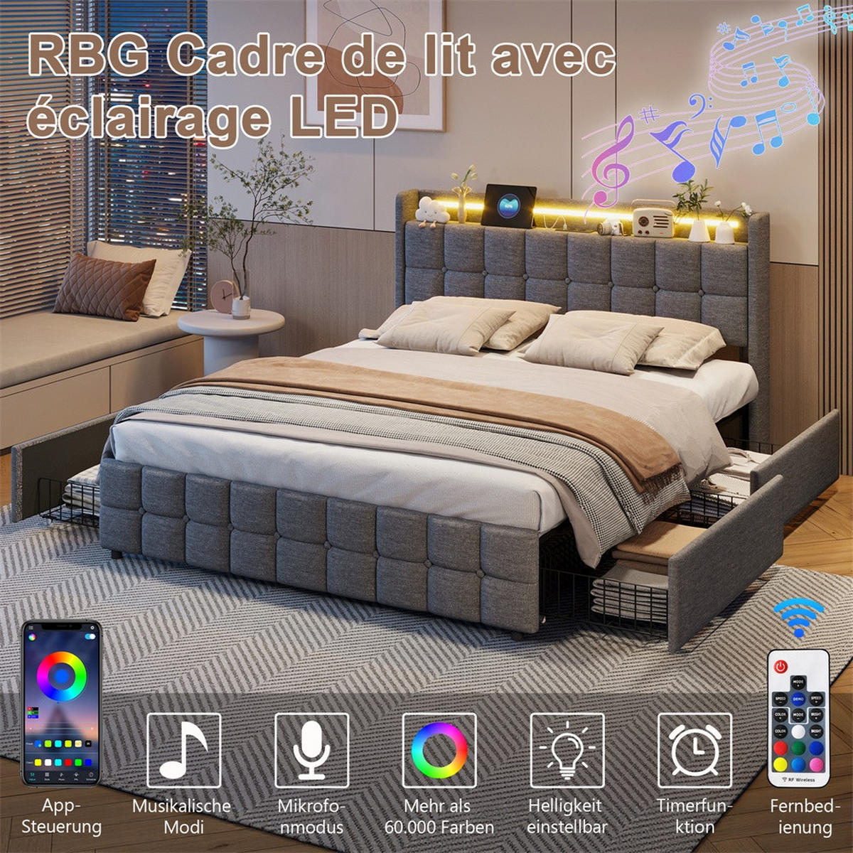 POLSTERBETT 160x200 cm Square Smart mit RGB-LED, EU-Steckdosen & USB-Ports, 4 Schubladen, Leinen-Optik, Dunkelgrau - Grau, Textil (160/200cm) - DELFA